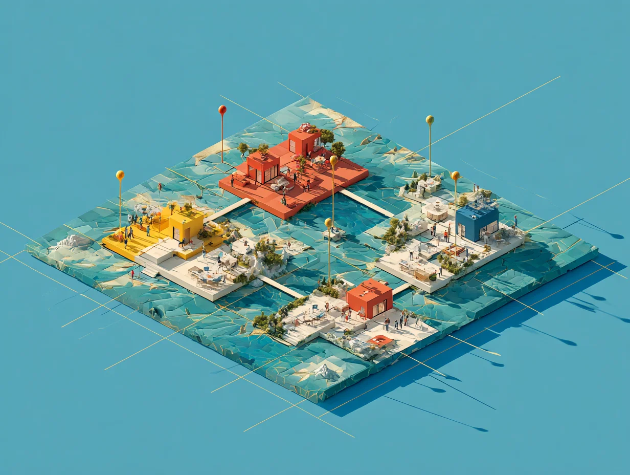 Central vermillion sail radiating guidance across multiple persona paths